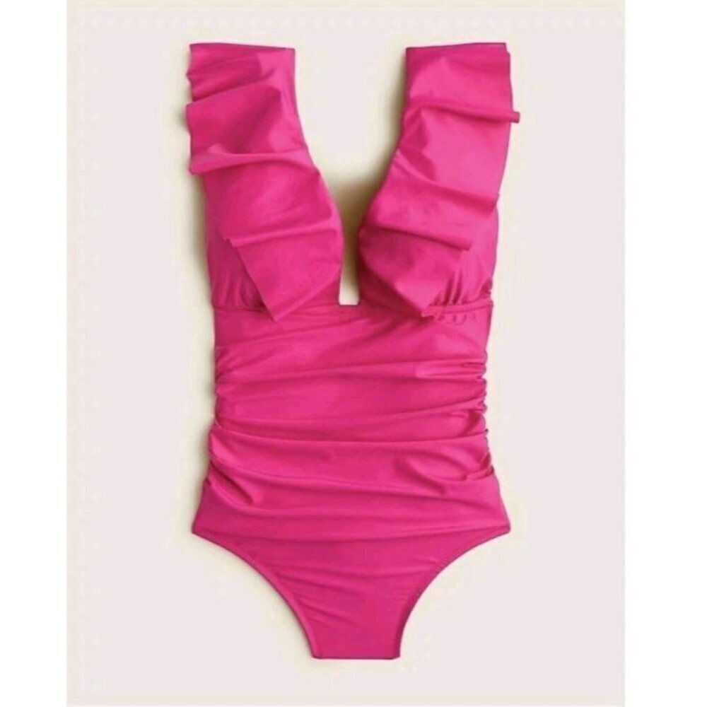 J. Crew Pink Fushia One Piece Swim Suit Ruched Ruffle V Neck Women's 2 (859)